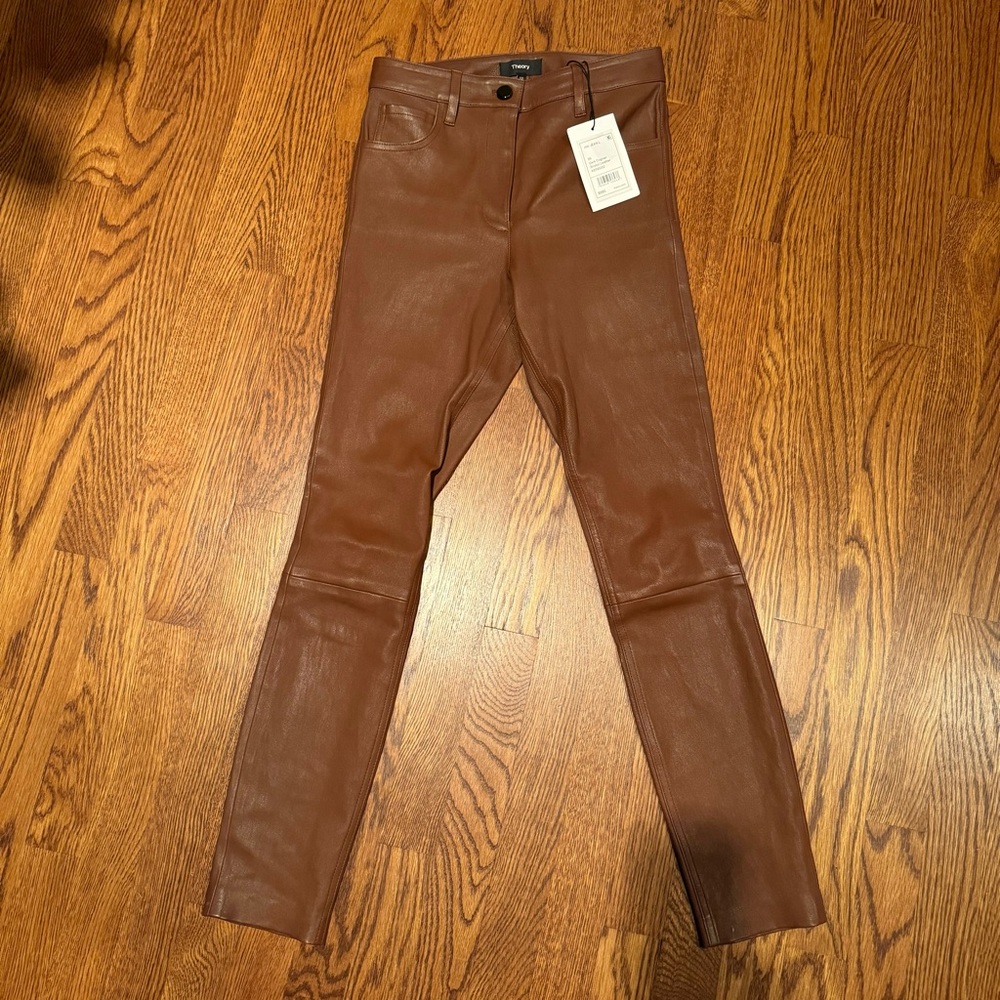 NEW NWT Theory High Waisted Jean In Bristol Leather In Dark Cognac - Picture 3 of 7